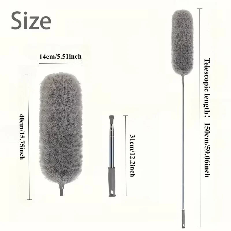 A gray microfiber duster with a telescopic extension rod shown next to its size measurements.