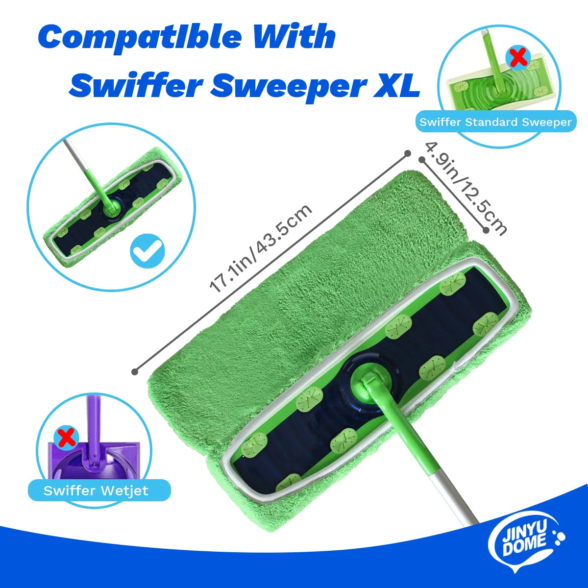 Reusable microfiber mop pads for floor cleaning showing compatibility with Swiffer Sweeper XL and Swiffer Standard Sweeper