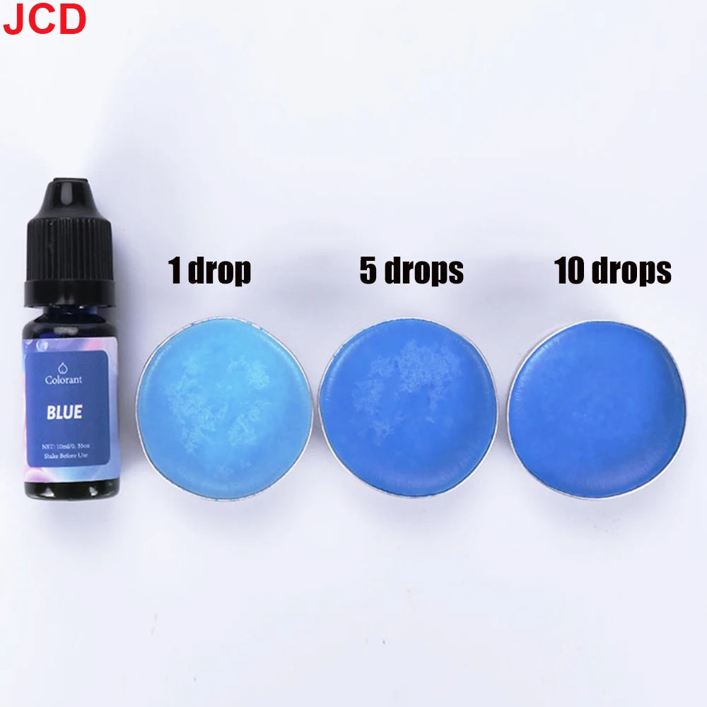 A dropper bottle of blue liquid candle dye next to three round discs showing single, five, and ten drops.