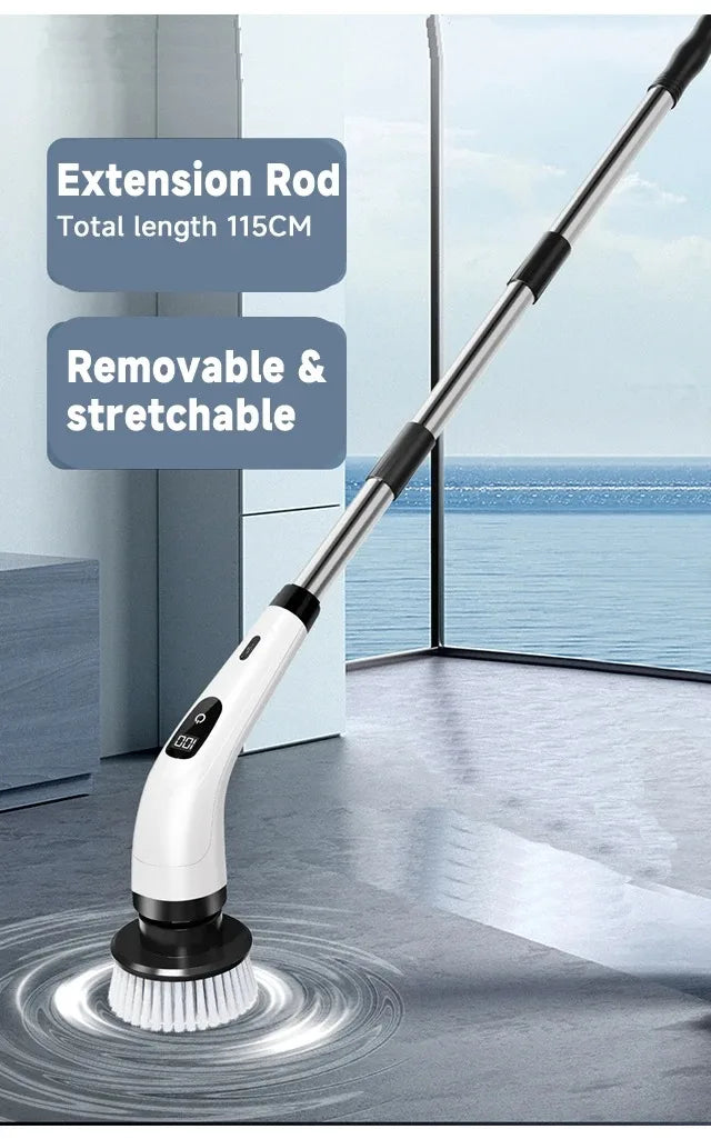 Una escobilla eléctrica blanca con varilla de extensión limpiando un piso.