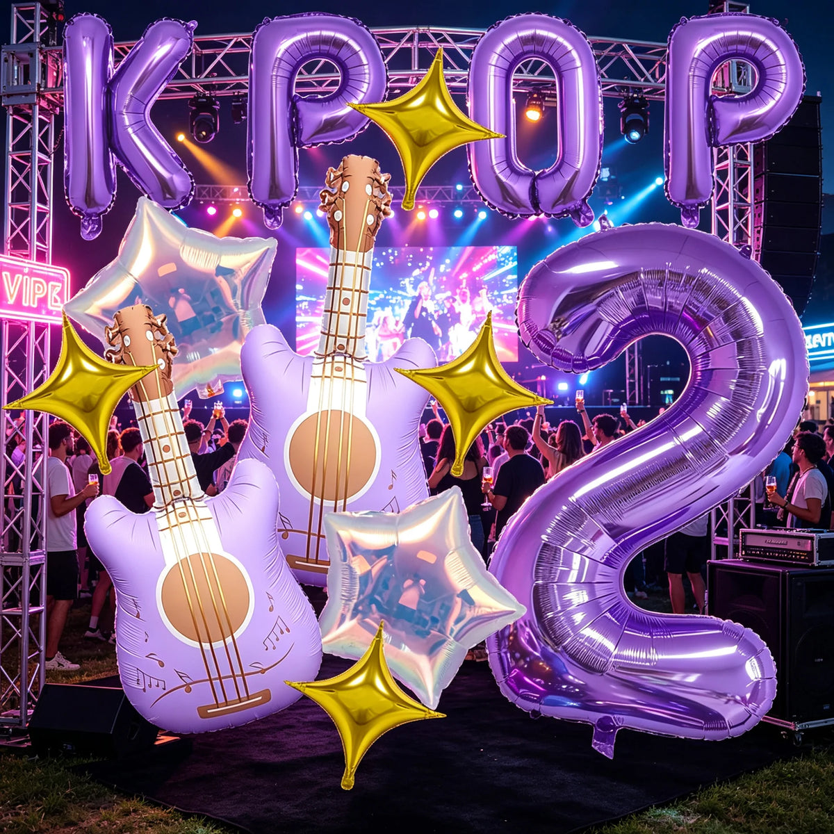 A set of purple and gold balloons shaped like guitars and stars for a party decoration.