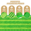 Diagram showing four features of a scrubbing pad: looped fibers, wicking fibers, reinforced edges, and absorbent sponge.