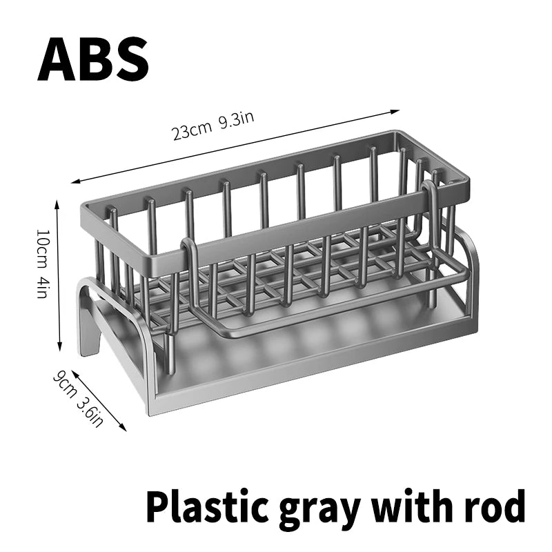 A gray plastic kitchen sink caddy with a rod and drainage tray.