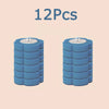 Twelve blue reusable toilet cleaning brushes stacked vertically.