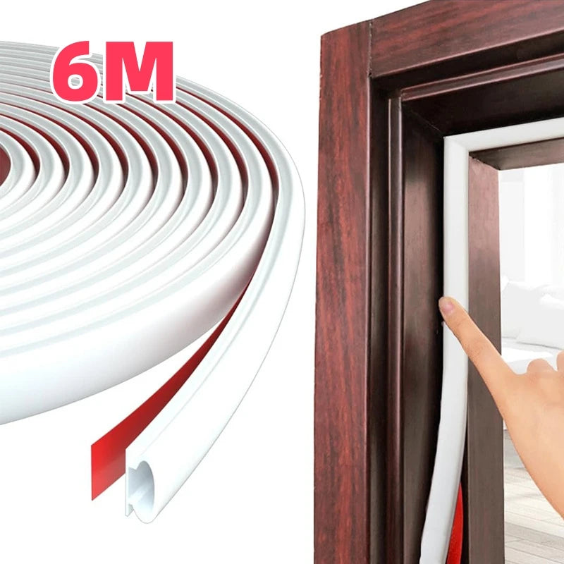 Roll of white D-shape weather stripping for doors and windows shown next to a wooden door frame.