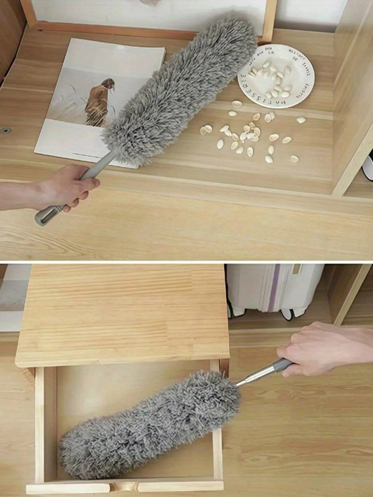 A hand is using a flexible microfiber cleaning duster brush to clean a surface, with loose fibers visible nearby.