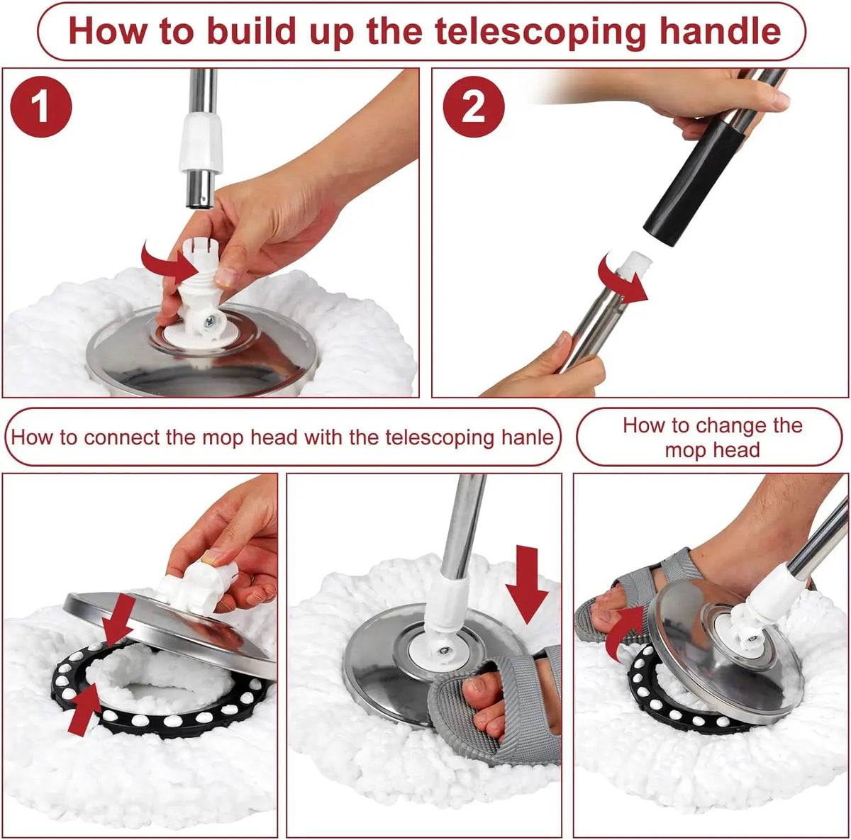 Instrucciones para montar y cambiar la cabeza de fregado en un mango telescópico para un set de cubo y fregona giratoria