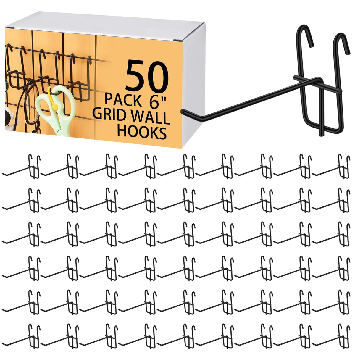 A box of 50 pack 6 inch grid wall hooks for retail and home organization.