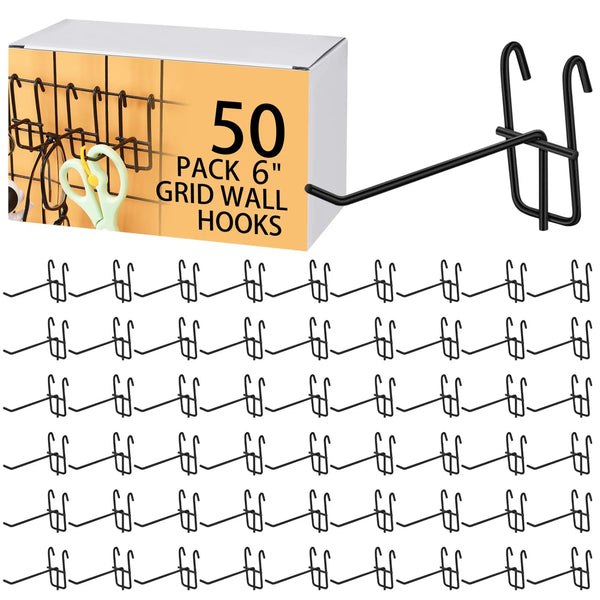 A box of 50 pack 6 inch grid wall hooks for retail and home organization.