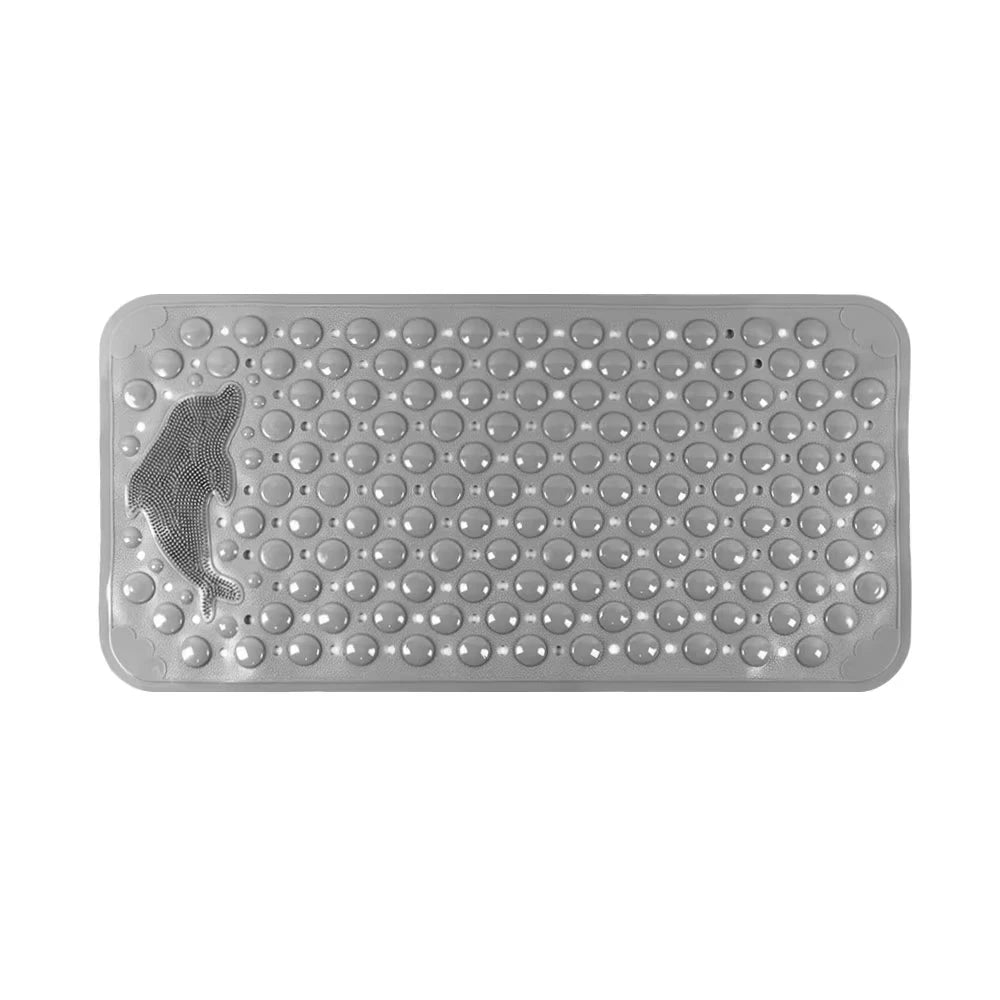 A rectangular, silver non-slip bath mat with a dolphin design.