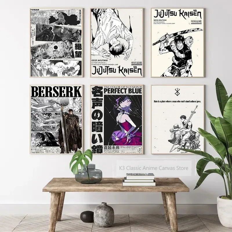 A collection of four posters featuring dark and dramatic anime art prints on a white wall.