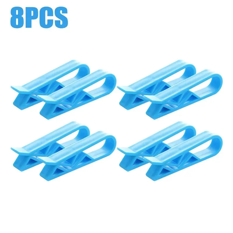 Eight blue reusable silicone bag clips for sealing bags and containers