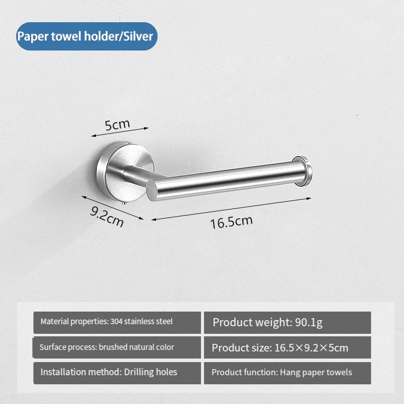 Silver paper towel holder made of stainless steel with a 16.5cm bar and 9.2cm mounting plate.