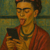 A painting of a woman with dark skin and hair, wearing a red garment, licking her tongue while looking at a smartphone.