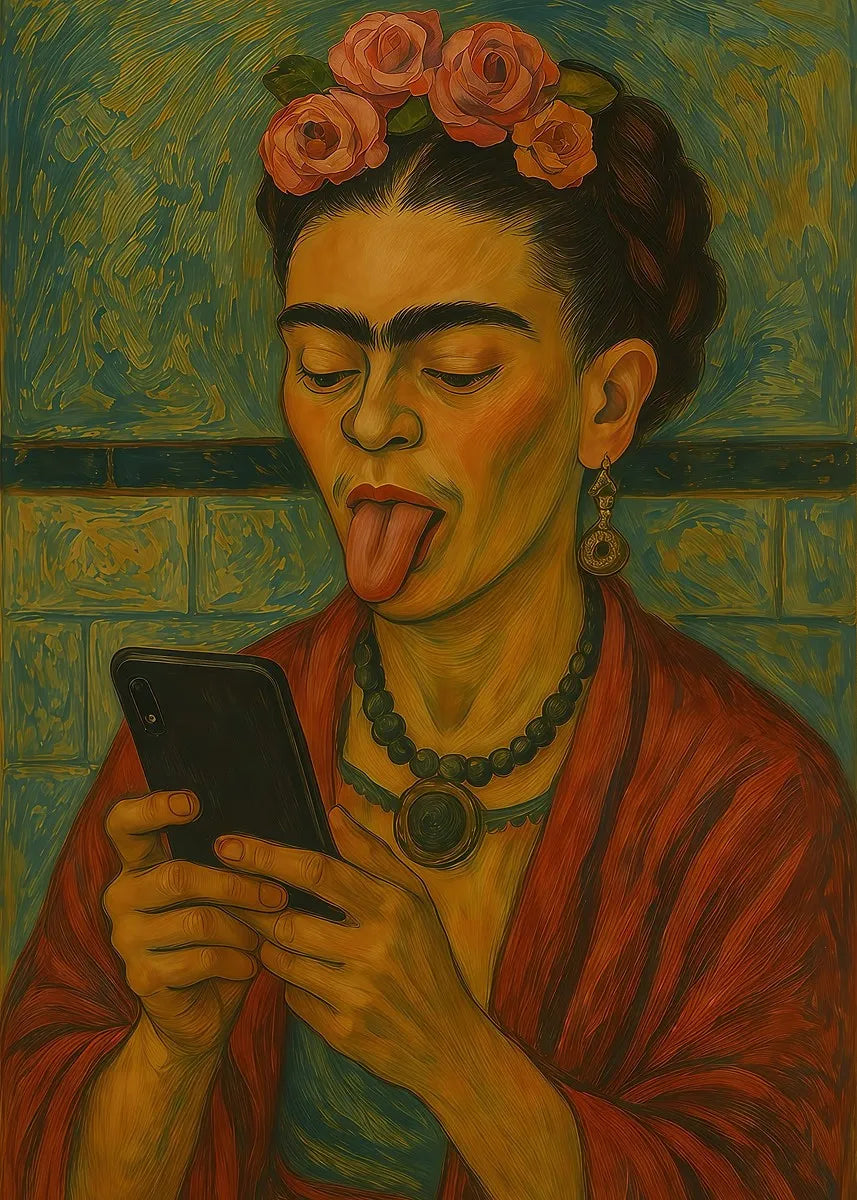 A painting of a woman with dark skin and hair, wearing a red garment, licking her tongue while looking at a smartphone.