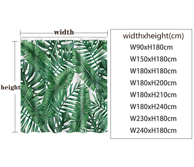 A pattern of green tropical leaves on a white background for a shower curtain.