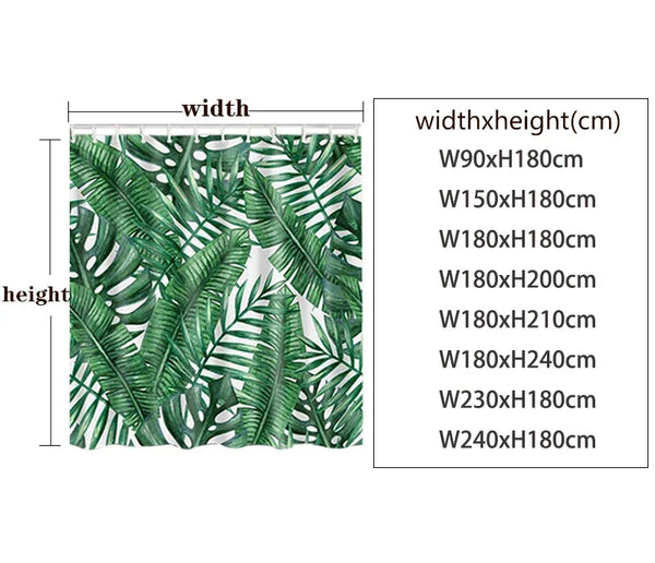 A pattern of green tropical leaves on a white background for a shower curtain.