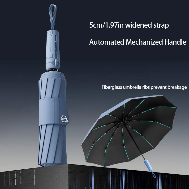 A blue umbrella with a widened strap and automated mechanized handle is shown next to the open umbrella.
