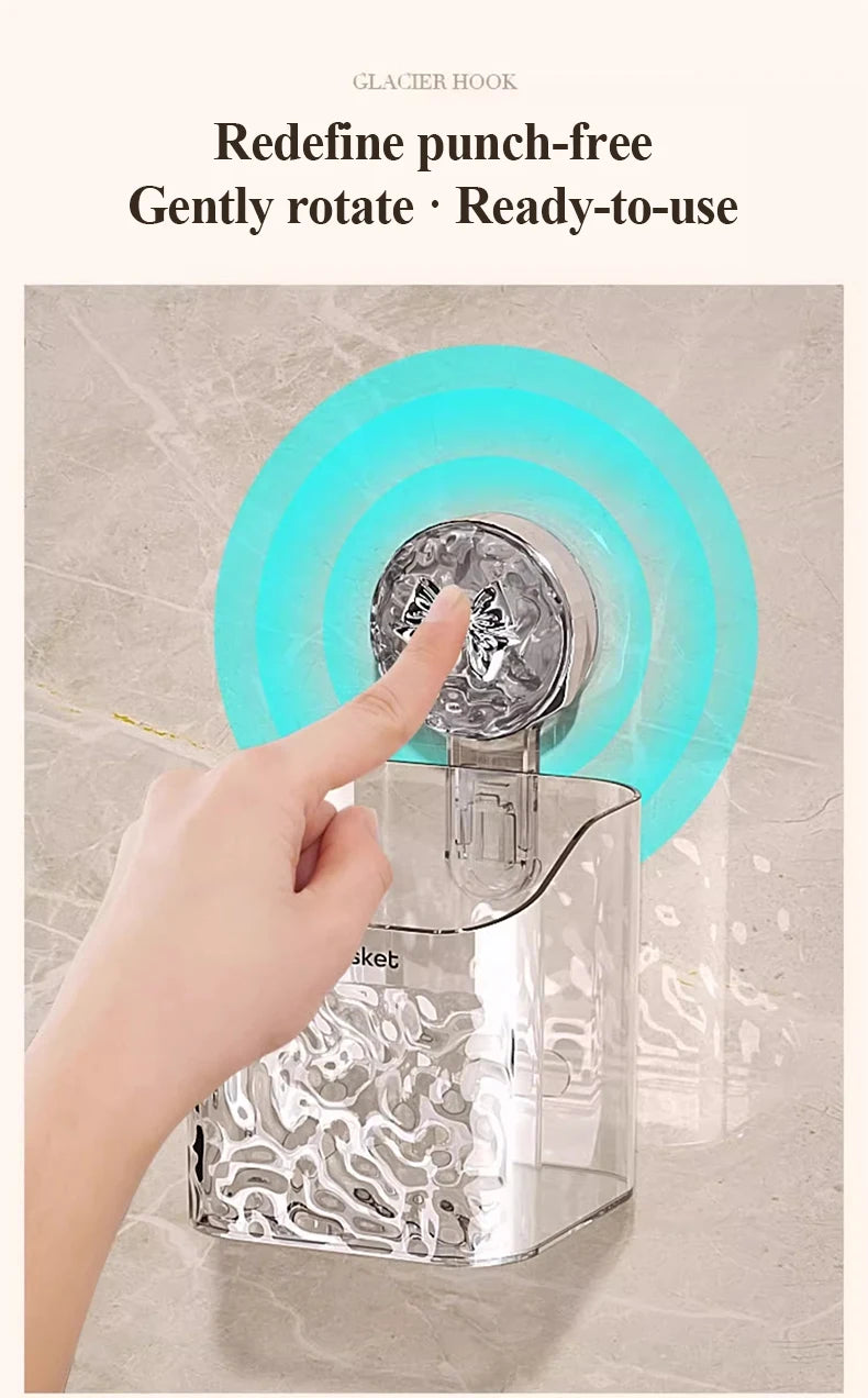 A hand gently rotates a stainless steel suction cup storage rack for bathroom, demonstrating its ready-to-use feature.