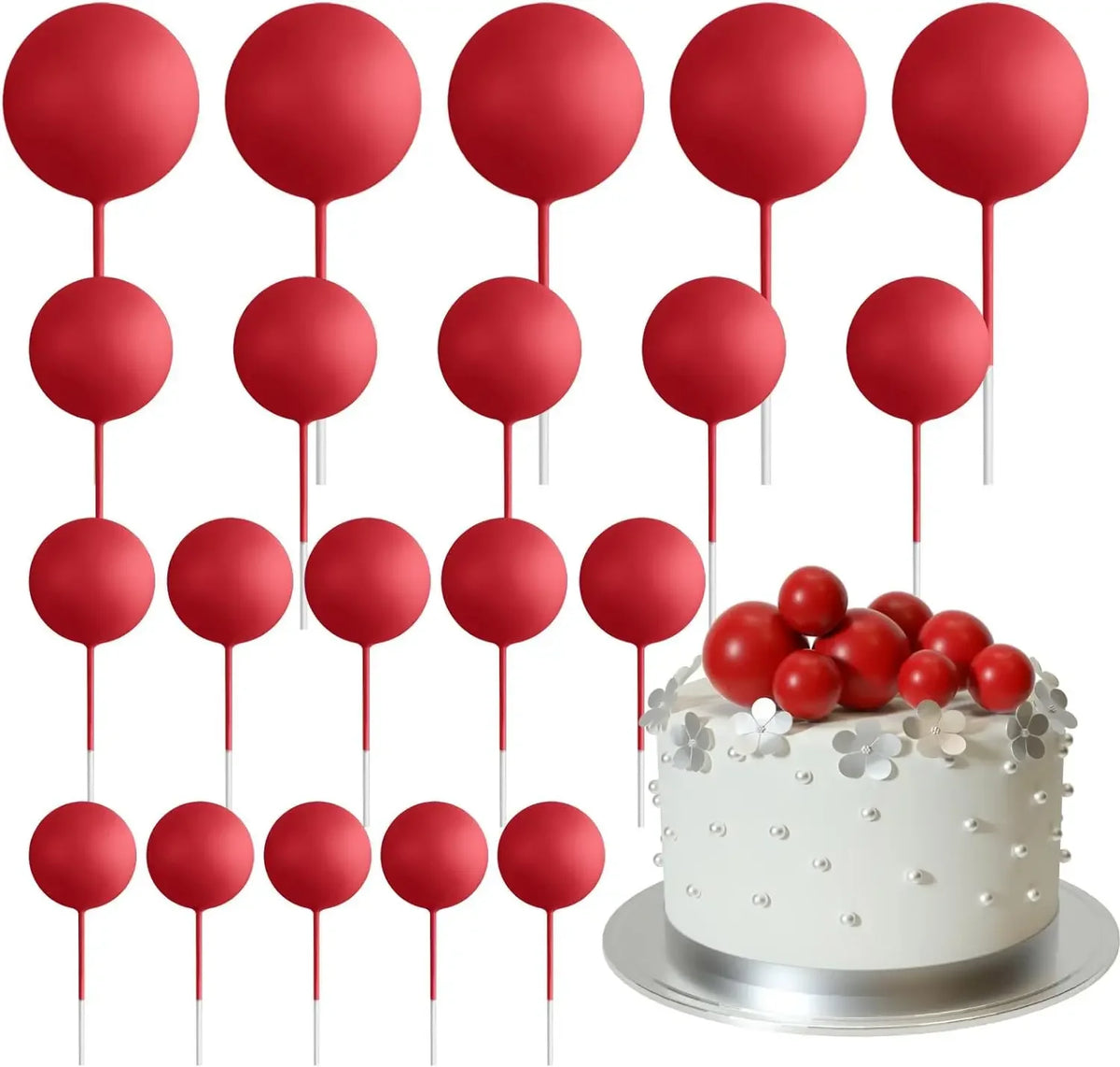 A set of 20 red spherical cake toppers on sticks for decoration