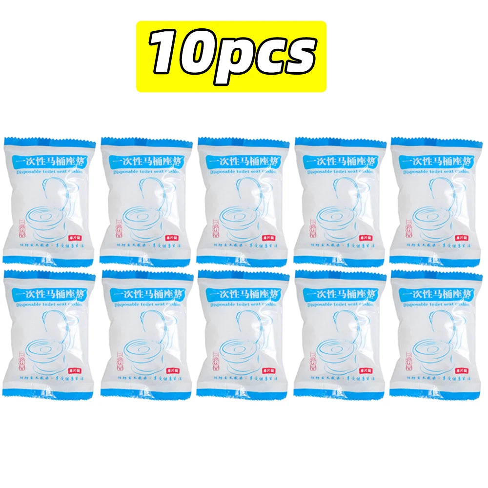 A pack of 10 waterproof disposable toilet seat covers in blue packaging.