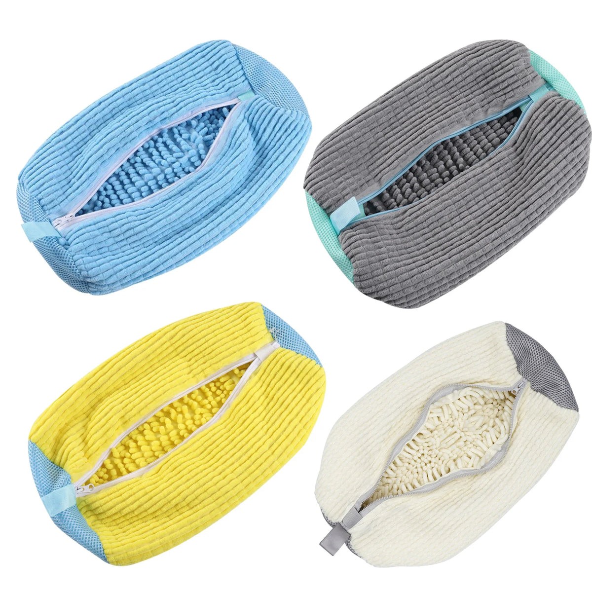 Three reusable shoe washing bags in blue, gray, and yellow with soft bristles.