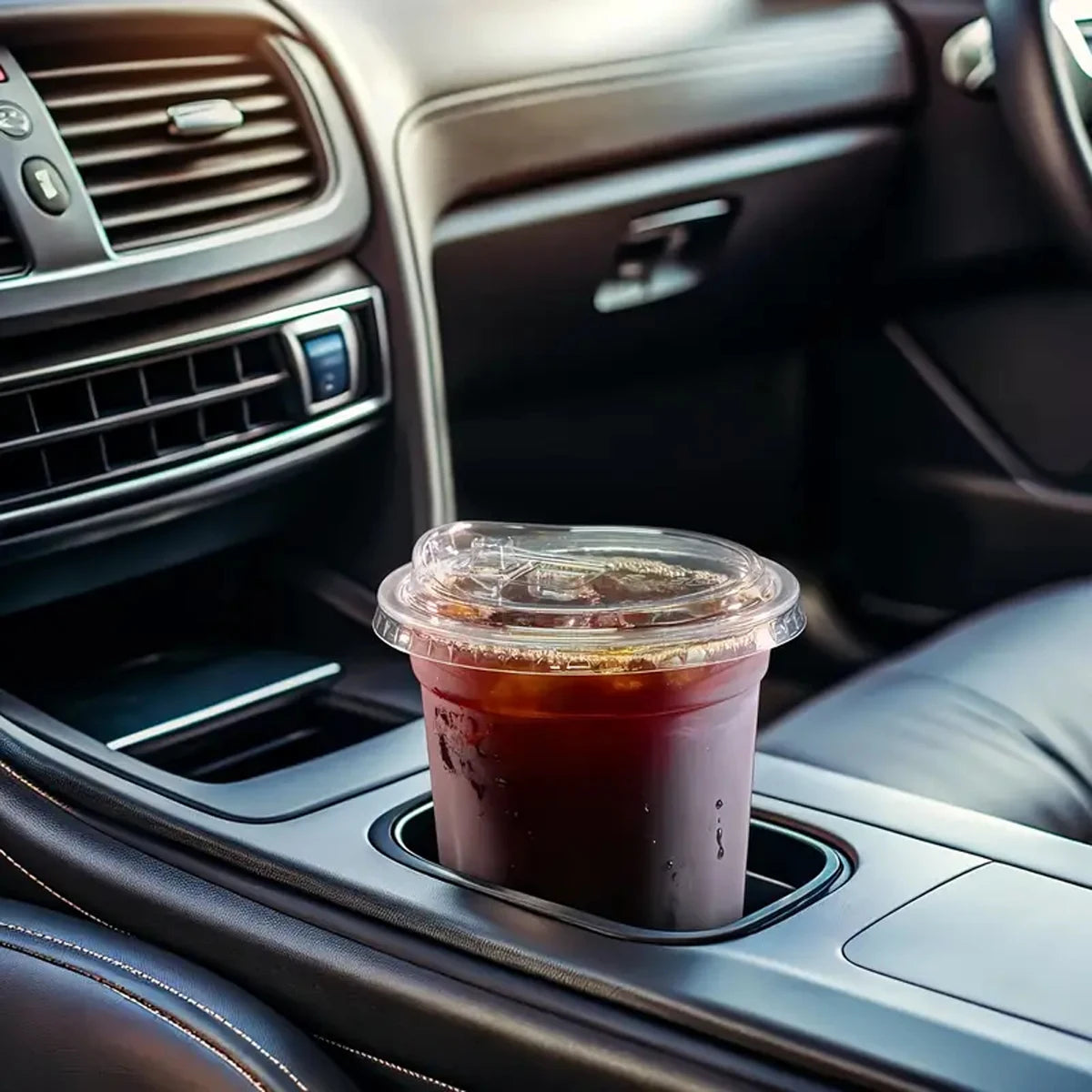 A clear disposable coffee cup filled with dark liquid is resting in a car's air vent cup holder.