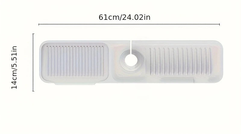 A white silicone kitchen sink splash guard with two slotted openings for draining.