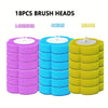 Three purple, blue, and yellow brush heads for a long-handled toilet brush set.