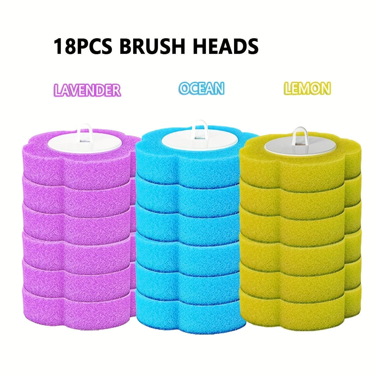 Three purple, blue, and yellow brush heads for a long-handled toilet brush set.