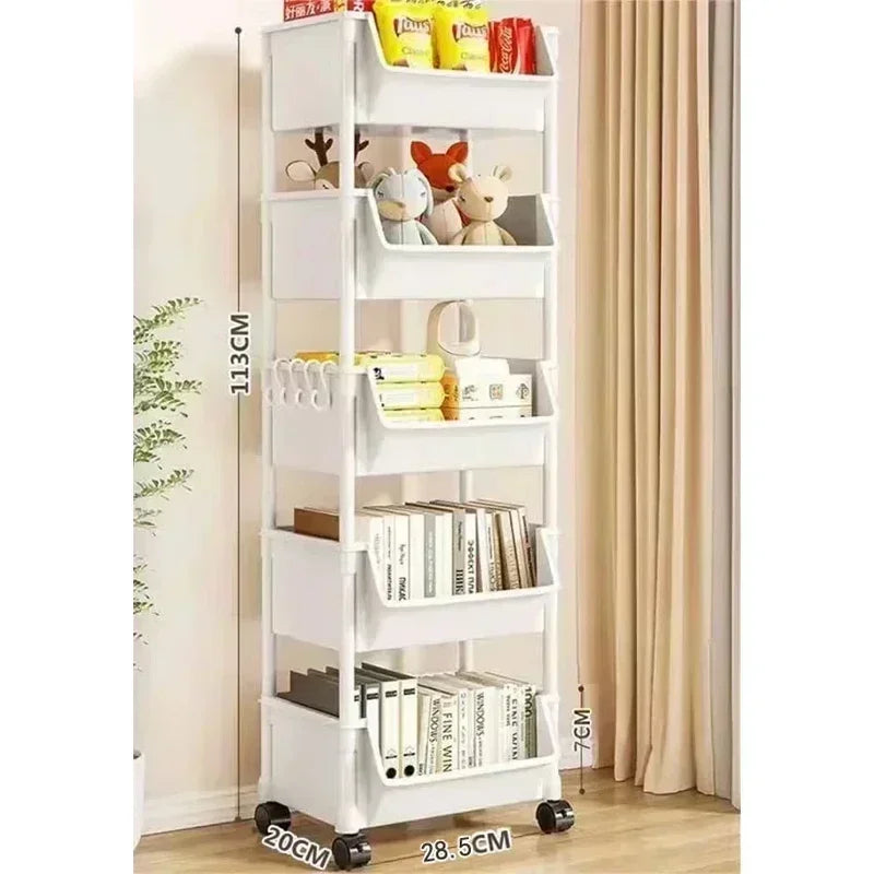 A white multi-tier rolling storage rack with various compartments and decorative items.
