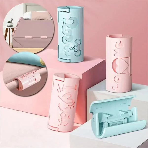 A set of pink and blue anti-slip clips used to secure bed sheets and quilts.