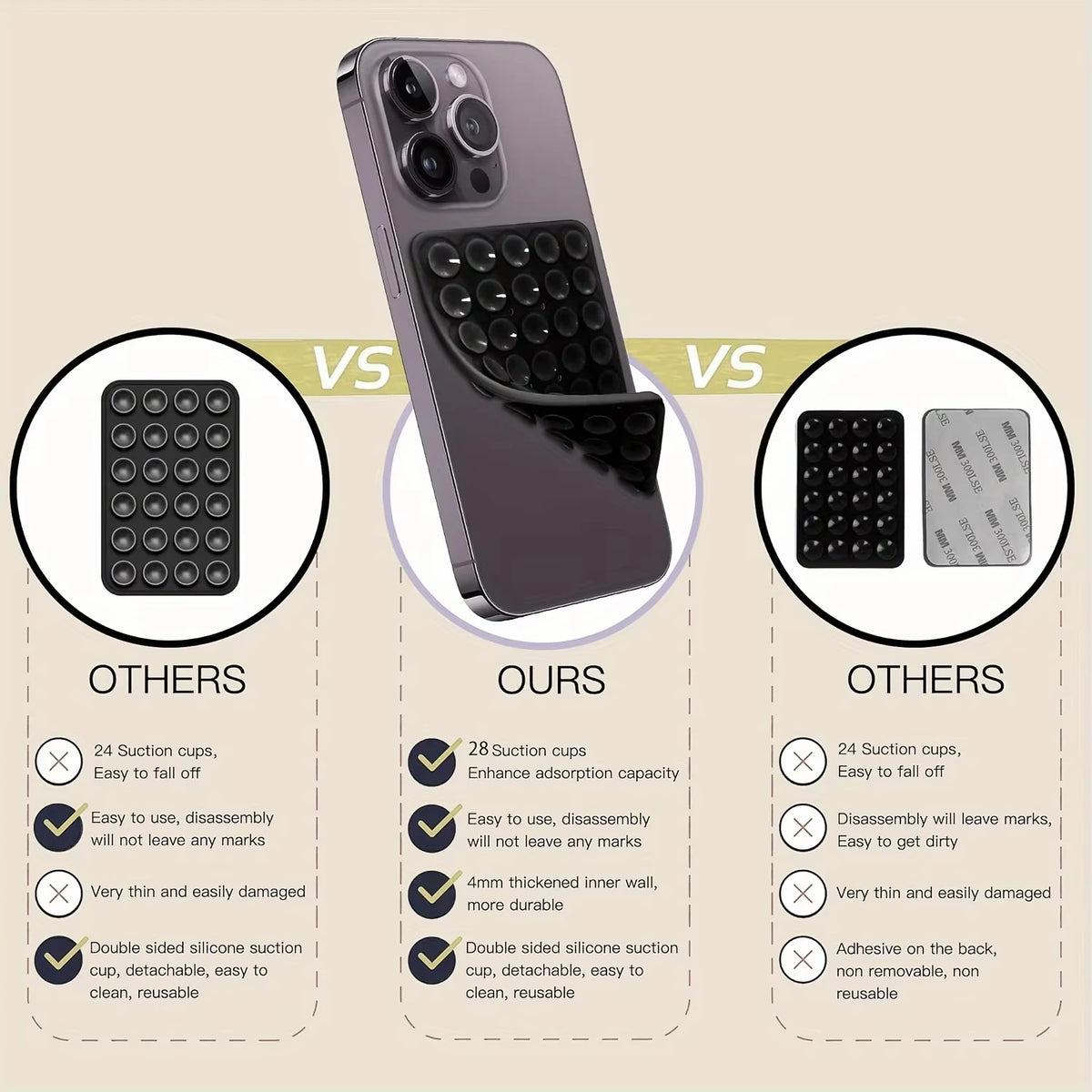 Comparison chart showing features of a silicone suction cup phone stand against other products.