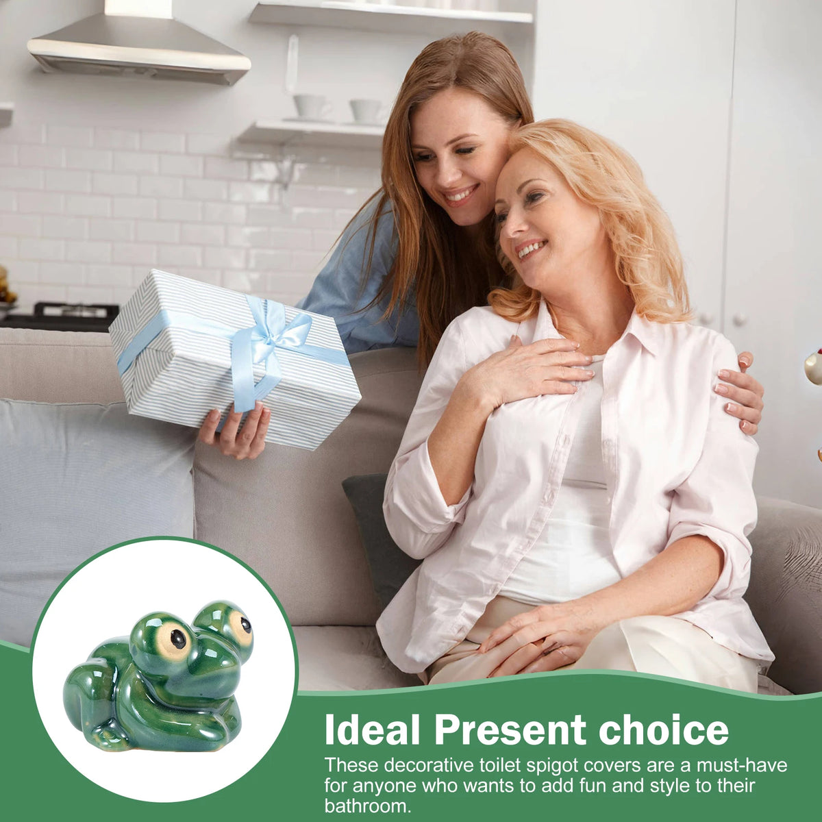 Two ceramic toilet spigot covers are shown in a lifestyle setting.