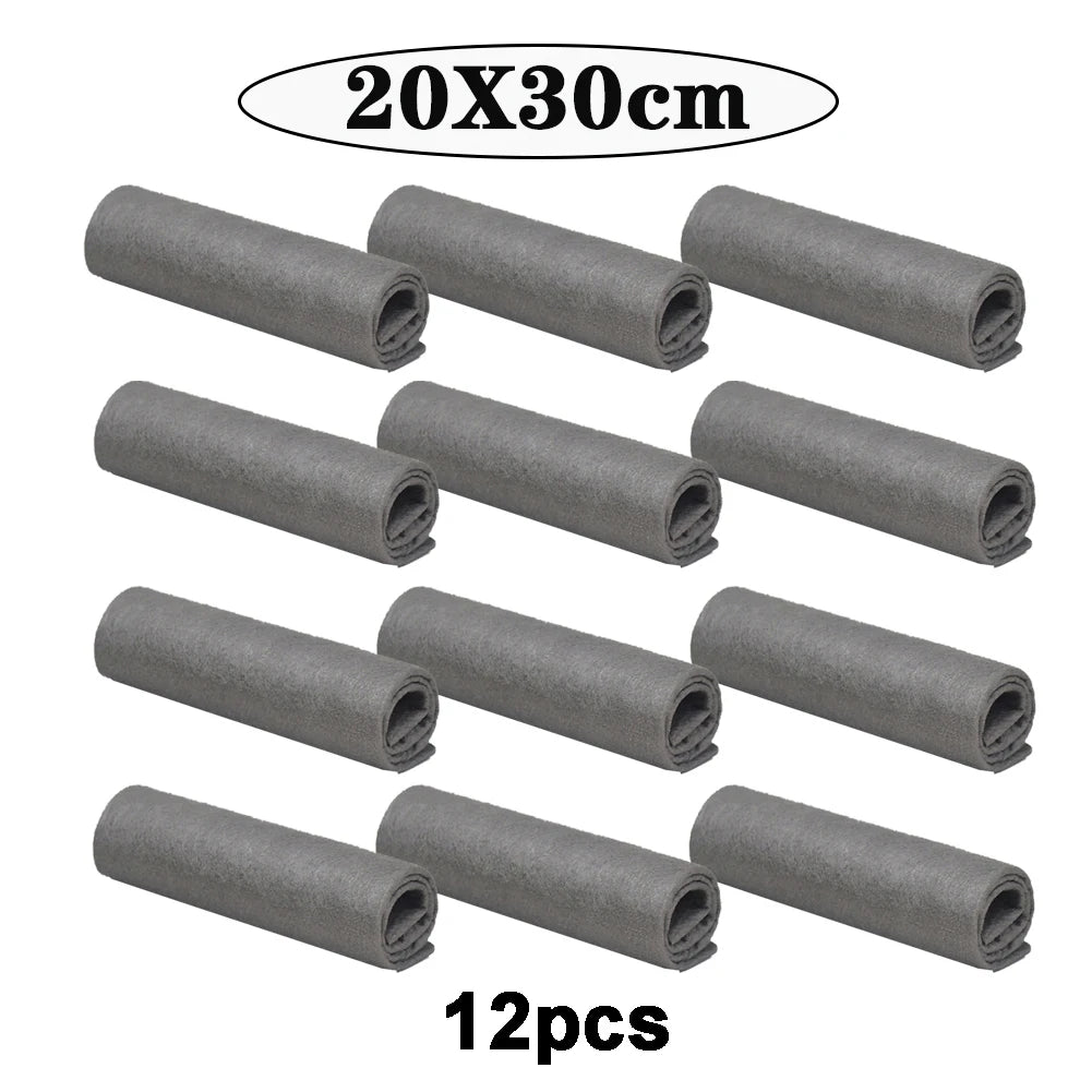 Twelve rolls of gray thickened microfiber cleaning cloths, measuring 20x30cm each.