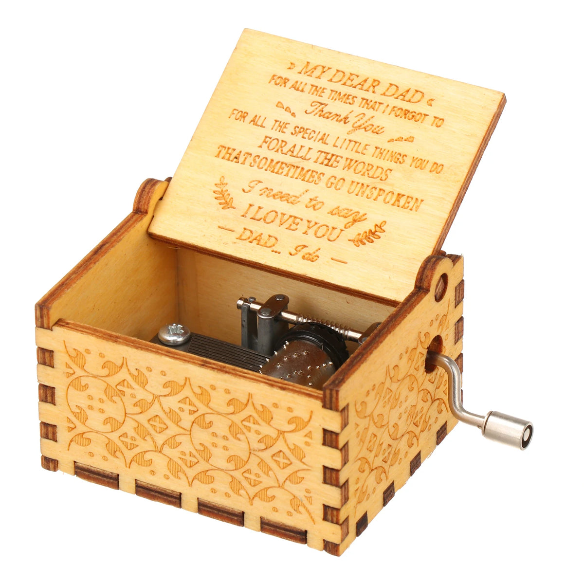 A vintage engraved wooden music box with a lid open showing an engraved message inside.