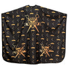 Black fabric cape featuring a gold silhouette of barbers and crossed tools.