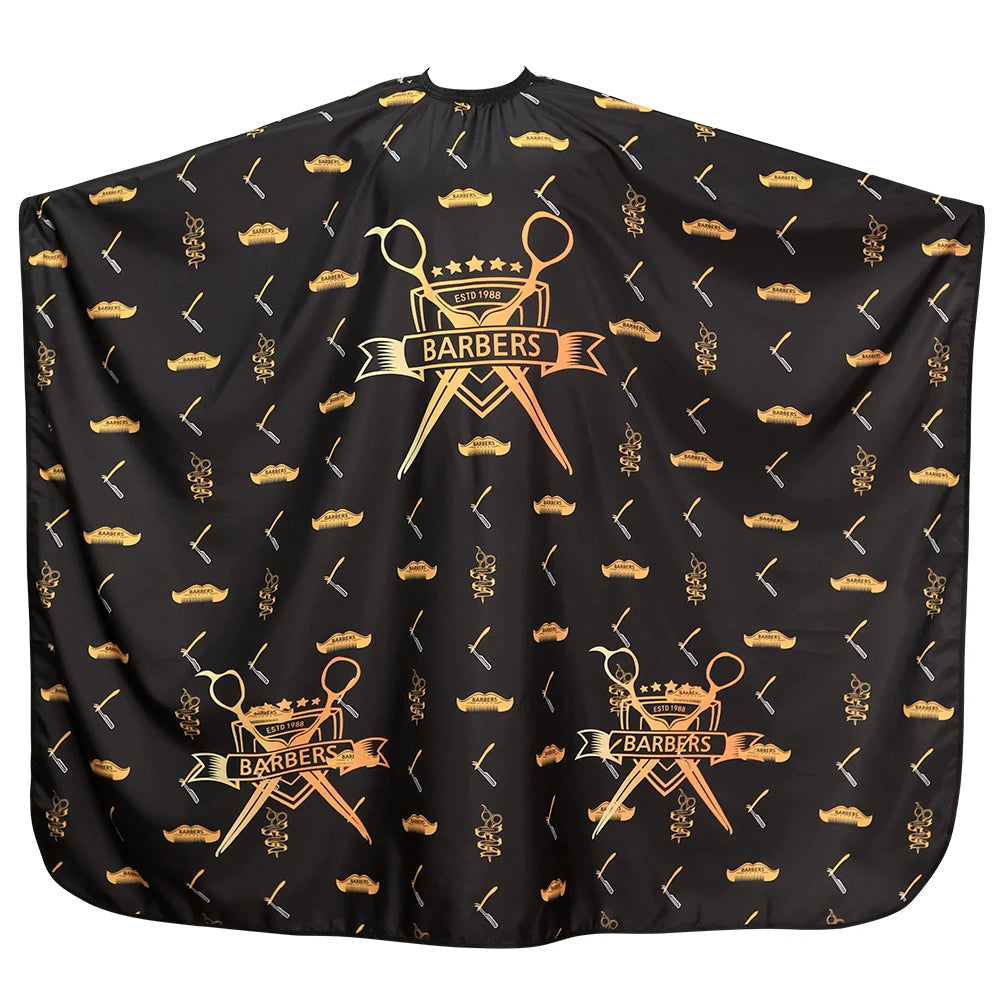 Black fabric cape featuring a gold silhouette of barbers and crossed tools.
