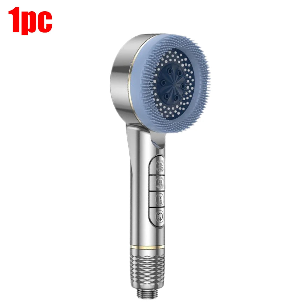 A silver high pressure shower head with a textured silicone nozzle and a control mechanism.