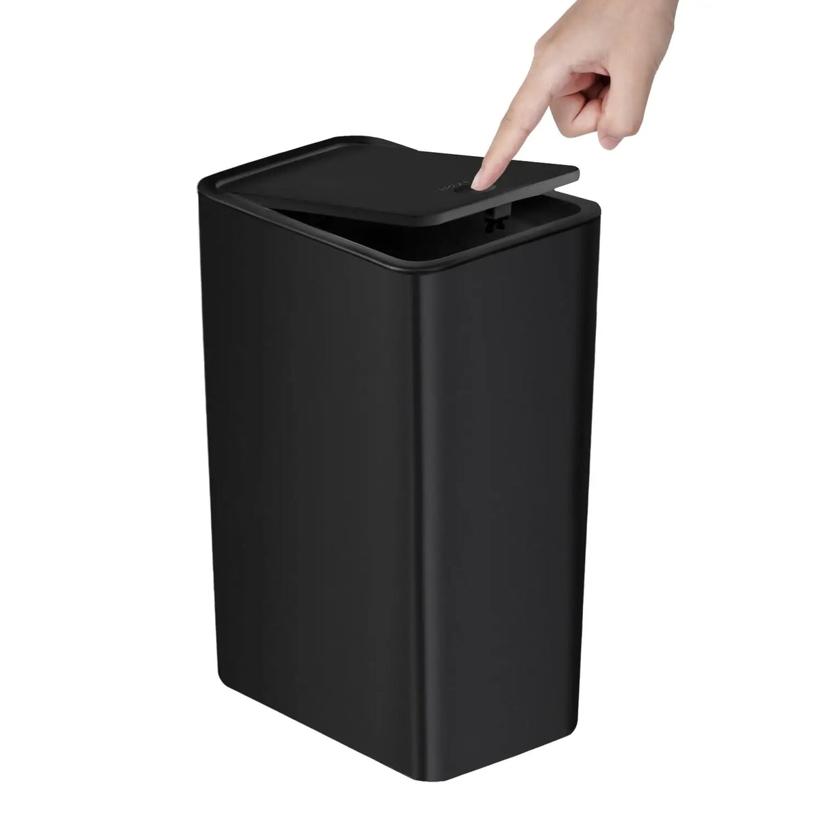 A hand is pressing the lid of a black 10L small trash can with a press-fit lid.