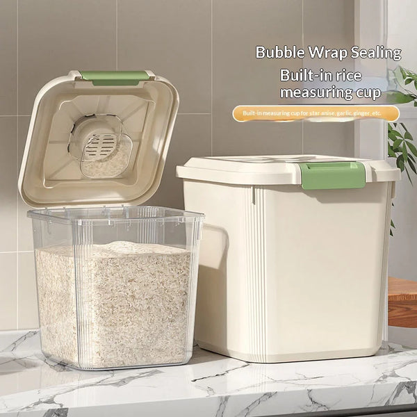 A transparent airtight rice dispenser with a lid and a built-in measuring cup is shown on a countertop.