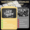 Stainless steel ice cubes shown next to traditional ice cubes with benefits listed.
