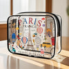 A clear waterproof travel organizer pouch featuring a Paris France theme with Eiffel Tower and hot air balloons.