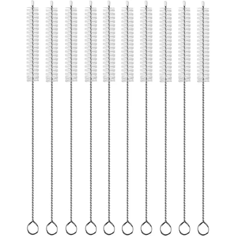 A set of stainless steel straws with cleaning brushes.