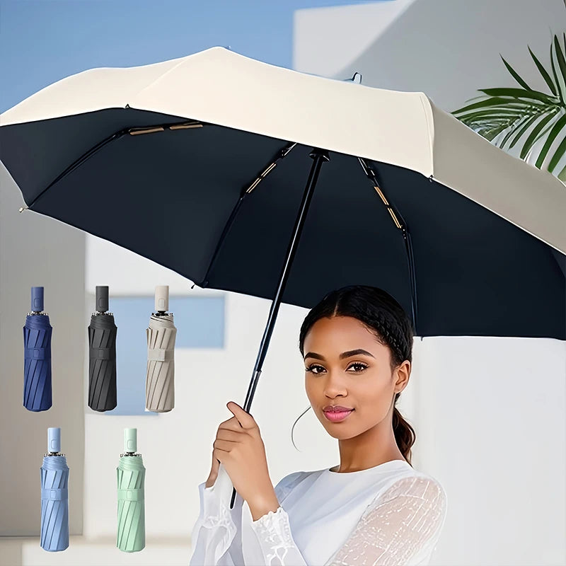 A woman holds a dark umbrella open against a white background, showcasing various colored umbrella handles.