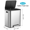 A stainless steel gallon trash can with a black lid and dual compartment design.