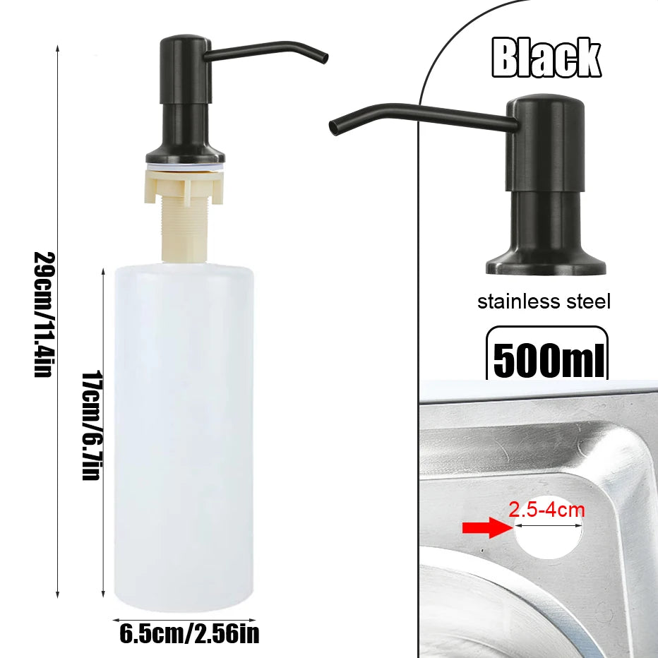 Schwarzer Edelstahl-Spülbecken-Seifenspender mit 500ml Fassungsvermögen und 2,5-4cm Öffnung.