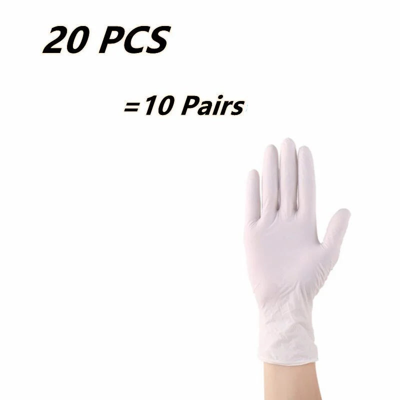 A hand wearing a white disposable nitrile glove is shown next to text indicating 20 pieces or 10 pairs.