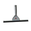 A silver squeegee tool with a black rubber blade and a handle for cleaning glass.