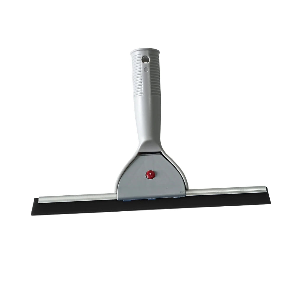 A silver squeegee tool with a black rubber blade and a handle for cleaning glass.